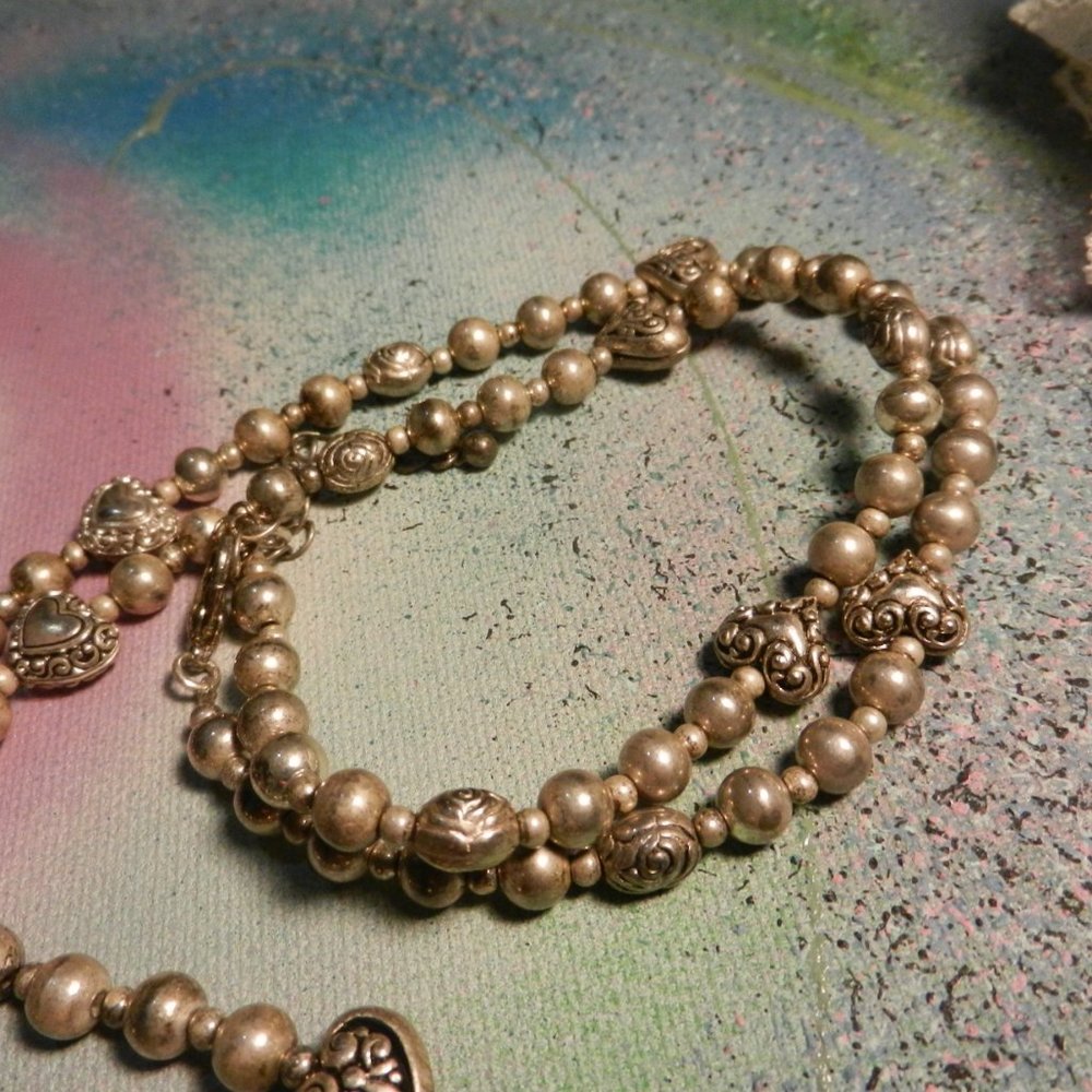 VTG hearts a'gogo silver necklace long silver tone filigree beaded pendant heart - Picture 9 of 16